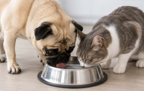chat et chien qui boivent dans la même gamelle d'eau