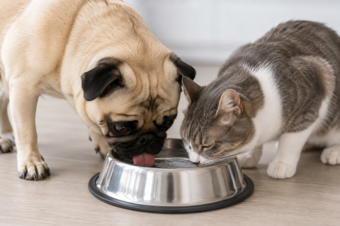 chat et chien qui boivent dans la même gamelle d'eau